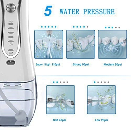 Irigator Oral Profesional pentru Dus Bucal, SeveShop, Fara Fir, Portabil, IPX7, Presiune 30-110 PSI, 6 Capete Curatare, Rezervor 300 ml, Baterie 2000mAh, 5 Viteze, Curatare Interdentara si Subgingivala, Protectie Supraincalzire, Alb Alpin - Img 4