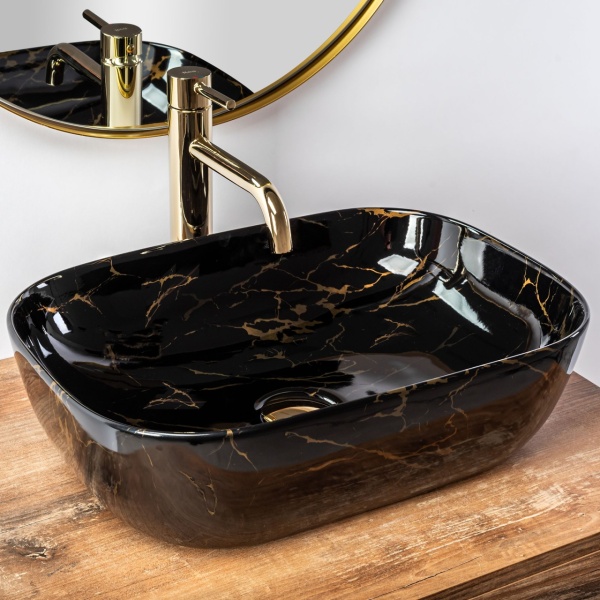 Lavoar de blat REA ERA BELINDA MARBLE LUCIOS, Dimensiuni 46.5cm x 33.5x 13.5cm, Ceramica Sanitara, fara gaura baterie, Negru - Img 4