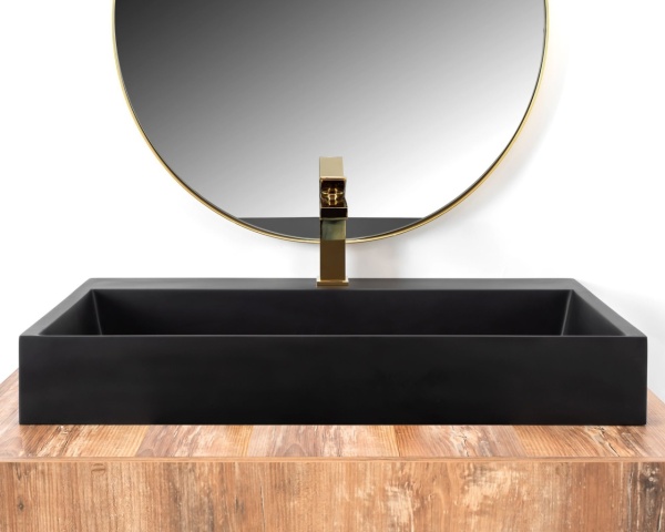 Lavoar De Blat REA Goya BLACK MAT 100CM, 100 x 45.5 x 14 X 9 Cm, Montaj Pe Blat, Design Deosebit, Placa De Conglomerat, Negru Mat - Img 3