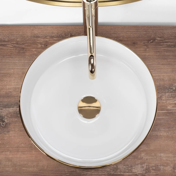 Lavoar De Blat REA SAMI WHITE BRUSH GOLD, Dimensiuni 36 X 36 X 11.5 Cm, Forma Rotunda, Ceramica Sanitara, Alb/Auriu - Img 3