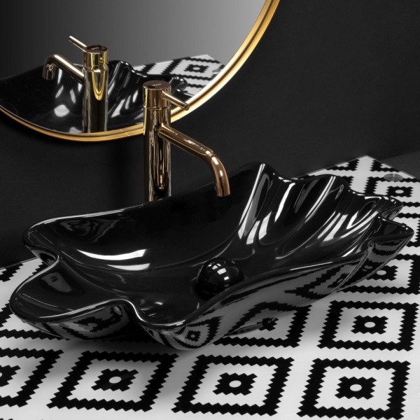 Lavoar De Blat REA SEA BLACK, Montaj Pe Blat, Design Deosebit, Forma Ovala - Ondulata, Ceramica Sanitara,Negru - Img 4