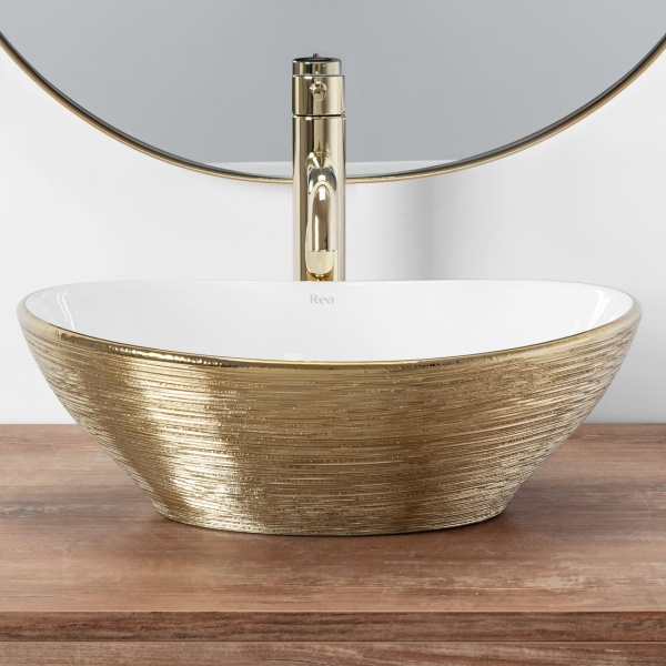 Lavoar De Blat REA SOFIA BRUSH GOLD, Dimensiuni 41 x 34.5 x 15 Cm, Montaj Pe Blat, Design Deosebit, Forma Ovala, Ceramica Sanitara, Alb/Auriu - Img 4