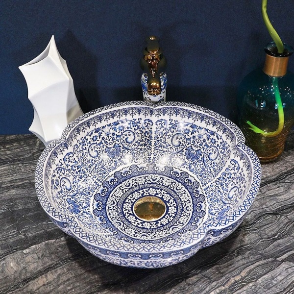Lavoar de blat REA VIVIEN, 42.5x 42.5x 15 cm, Montaj Pe Blat, Design Deosebit, Forma Rorunda, Ceramica Sanitara, Alb/Albastru - Img 7