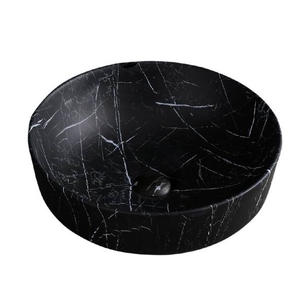 Lavoar pe blat, Fino, marmura ceramica negru cu model alb, Rotund 41,5cm - Img 3