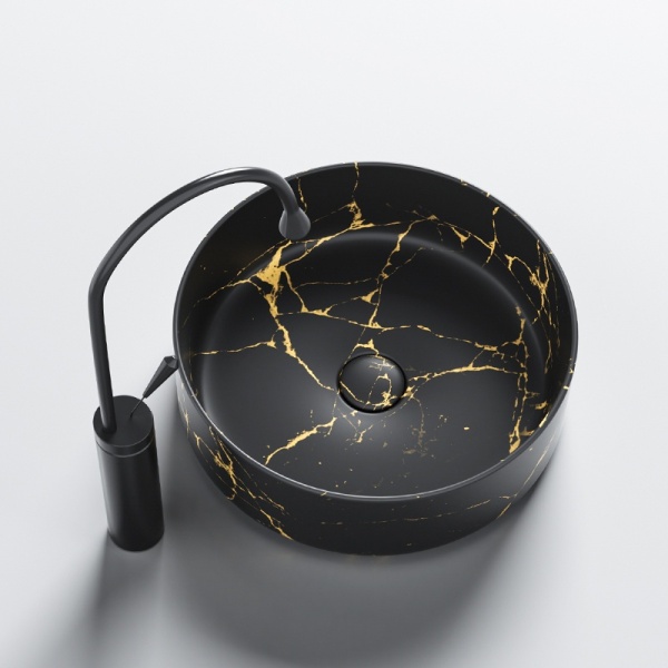 Lavoar pe blat, Lava, marmura ceramica negru cu model auriu, Rotund 36cm - Img 6