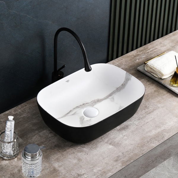 Lavoar pe Blat, Milo, Marmura Ceramica Alb cu Model Marmura Interior-Negru Mat Exterior , Dreptunghiular 45,5 x 32,5 x 13,5 cm - Img 11