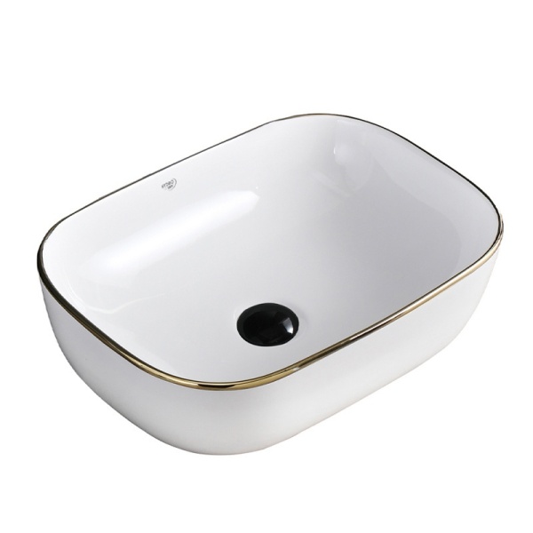 Lavoar pe Blat, Milo, Marmura Ceramica, Alb Lucios cu margine Gold Lucios , Dreptunghiular 45,5 x 32,5 x 13,5 cm - Img 3