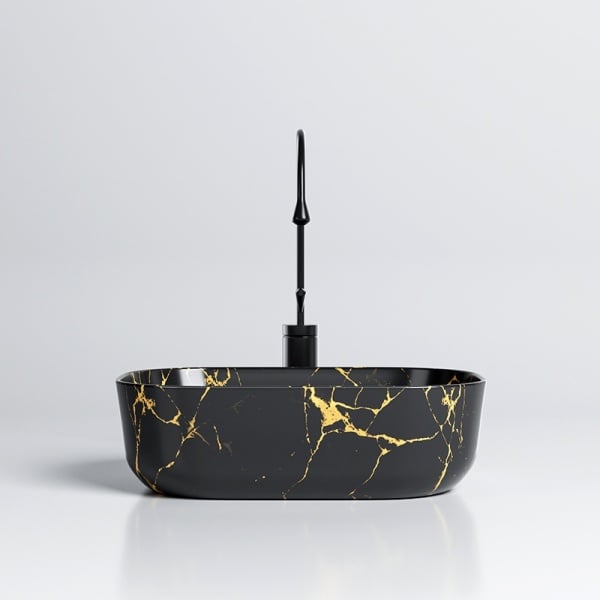 Lavoar pe Blat, Milo, Marmura Ceramica Negru Lucios cu Model Auriu , Dreptunghiular 45,5 x 32,5 x 13,5 cm - Img 8