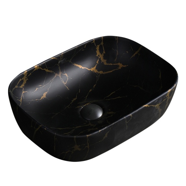 Lavoar pe Blat, Milo, Marmura Ceramica Negru Mat cu Model Auriu , Dreptunghiular 45,5 x 32,5 x 13,5 cm - Img 2