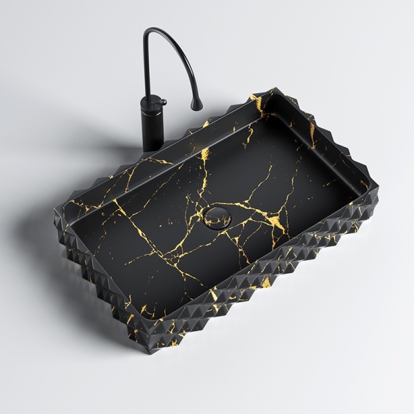 Lavoar pe blat, Pearl, Marmura Ceramica Negru cu Model Auriu , Dreptunghiular 60,5 x 34 x 11cm - Img 7