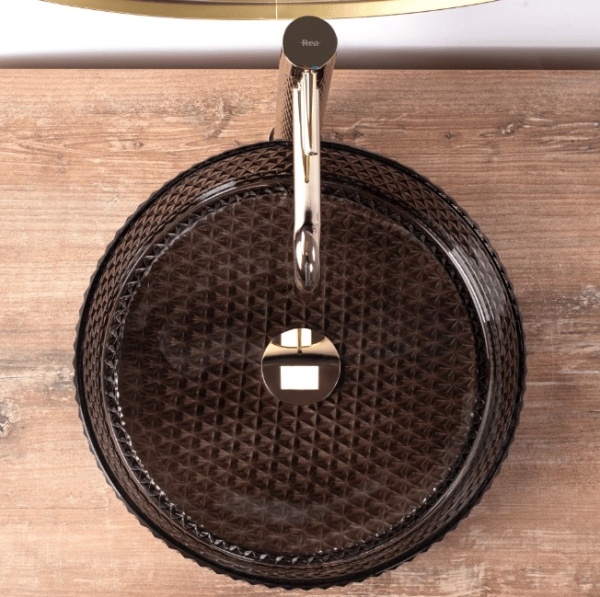 Lavoar REA Cristal din sticla negru rotund, diametru 35.5 cm, montaj pe blat - Img 3