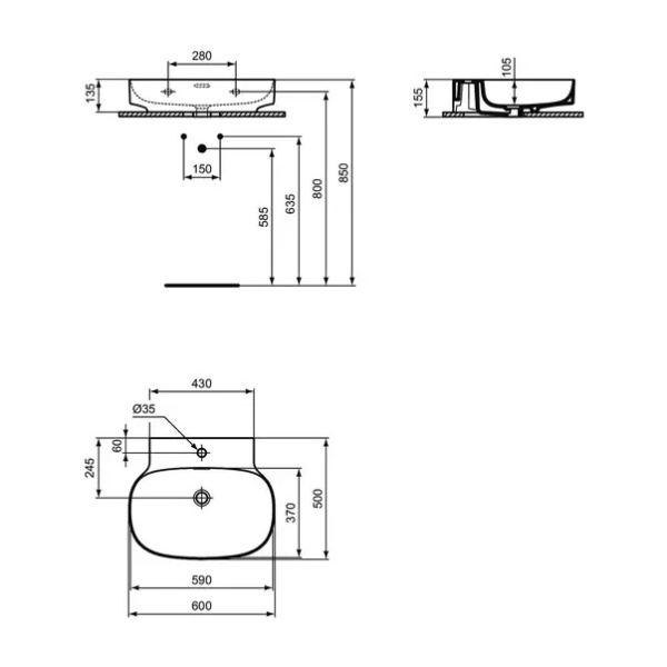 Lavoar suspendat Ideal Standard Atelier Linda-X 60 cm alb lucios cu orificiu baterie si preaplin - Img 11
