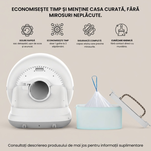 Litiera Automata Smart SeveShop, pentru Pisici, Auto-Curatare si Sterilizare Automata, Control prin Aplicatie Mobila, Afisaj LED cu Comenzi Intuitive, Functie de Curatare Usoara, Design Oval Modern, Capacitate 9L, Alb - Img 3