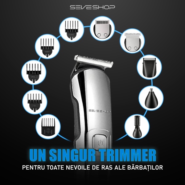 Masina de Tuns si Aparat de Ras, Profesional SeveShop - IPX7, 11 Piese, Trimmer, Tuns Par, Barba, Mustata, Nas, Ureche, Corp, Design Ergonomic, Lame din Otel Inoxidabil cu Auto-Ascutire, Reincarcabil cu USB, Display LED, Zgomot Redus, Negru Glossy - Img 5