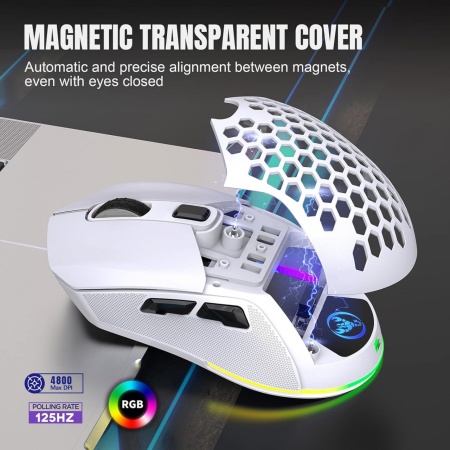 Mouse Wireless Profesional pentru Home &amp; Office ODISSEY LIFE®, 4800 Dpi, Reincarcabil, Iluminare RGB, Dual Mode BT 5.1 si wireless, Dual magnetic cover, White - Img 6