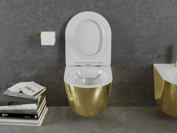 Set Bideu REA Lenacarlo MINI si Vas Wc REA Lenacarlo MINI, Montaj Suspendat, Ceramica Sanitara, Capac Slim cu inchidere lenta, Culoare Alb/Auriu - Img 6