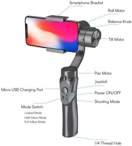 Sistem de stabilizare gimbal cu 3 axe pentru telefoane mobile, Foto, Video, Negru - Img 3