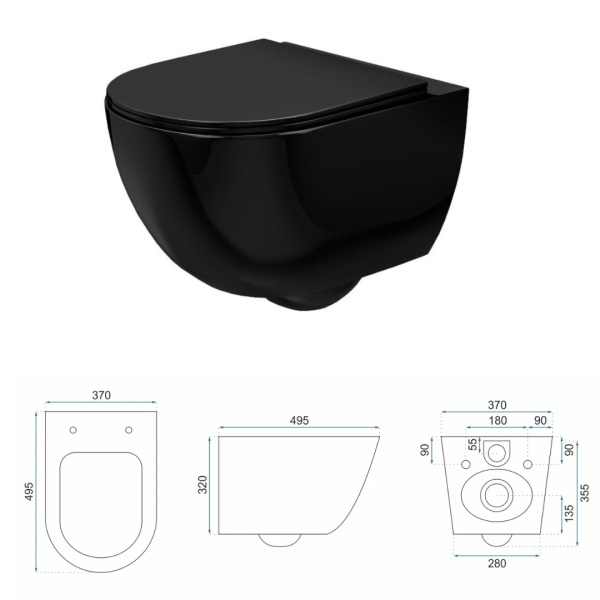 Vas WC REA CARLO Mini Rimless, suspendat, ceramica sanitara, 48 x 37, Capac Soft-Close Inclus, Negru Lucios - Img 3
