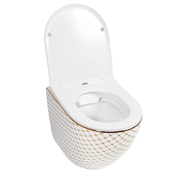 Vas WC REA CARLOS FLAT DIAMOND GOLD, Suspendat, Ceramica Sanitara, 49.5 X 37 X 32 Cm, Scaun Soft-Close Inclus, Forma Ovala, Alb/Auriu - Img 3