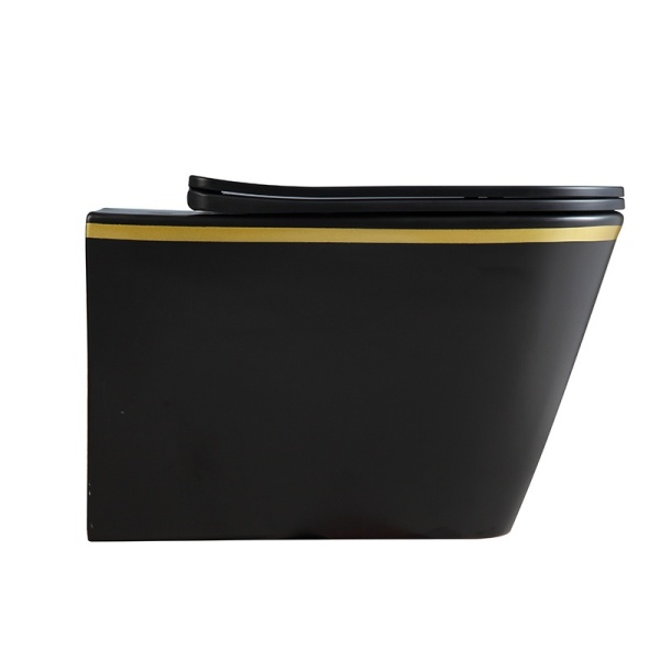 Vas Wc suspendat Rain Rimless Black Mat Gold Edge , capac soft-close inclus - Img 3
