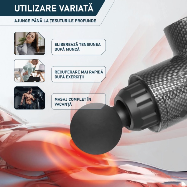 Aparat pentru Masaj Profesional Tip Pistol SeveShop, 8 Capete Interchangeabile, 30 Viteze, Motor Silentios Fara Perii, 3200 Percutii pe Minut, Baterie 2500mAh, Servieta Depozitare Inclusa, Ideal pentru Relaxare si Ameliorare Durere pe Corp, Negru - Img 2