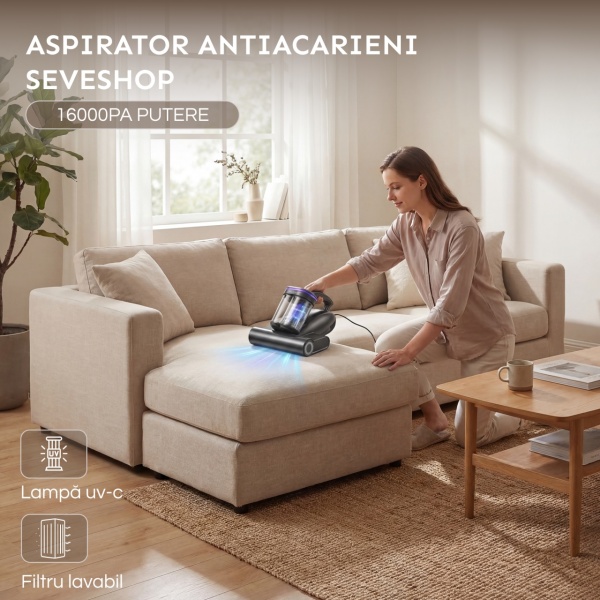 Aspirator Antiacarieni, SeveShop®, Aspirator Cu Filtru HEPA Lavabil, Motor 500W, 16000Pa, Vibratii Deprofundare, Lampa UV-C 253.7nm, Incalzire Aer, Aspirator Ideal Pentru Saltele Si Canapele, Usor De Manuit, Aspirator Cu Actiune Profunda, Negru - Img 2