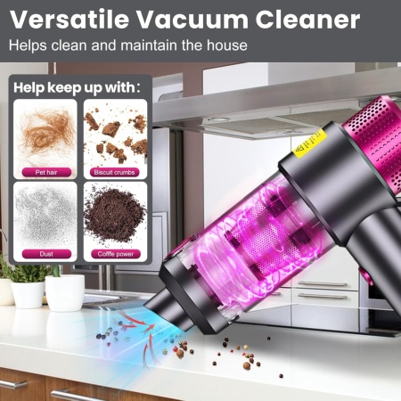 Aspirator auto 4 in 1 ODISSEY LIFE®, Turbo Duster, 12000PA, 120W, baterie 4000mAh, reancarcabil, functii aspirare, suflare si vidare, filtru HEPA, magenta - Img 2