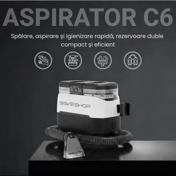 Aspirator Cu Spalare 4 In 1 SeveShop® C6 Max, Aspirator cu Aburi, Aspirator Cu Spalare Multifunctional Pentru Covor Si Tapiterie, Rezervor Dublu 1.2L, Putere 1650W, Putere De Aspirare 12000Pa, Design Compact, Ideal Auto, Canapea, Gri - Img 2