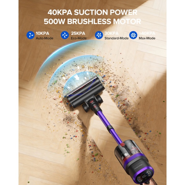 Aspirator Vertical 3 In 1, SeveShop® Teendow V20, Aspirator Fara Fir 500 W, Aspirator Vertical Cu Ecran Digital Si 3 Moduri De Curatare, Filtru HEPA In Mai Multe Etape, Capacitate 1.4 L, Autonomie Pana La 30 Min, Curatare Uscata Si Umeda, Aspirator Alb - Img 4