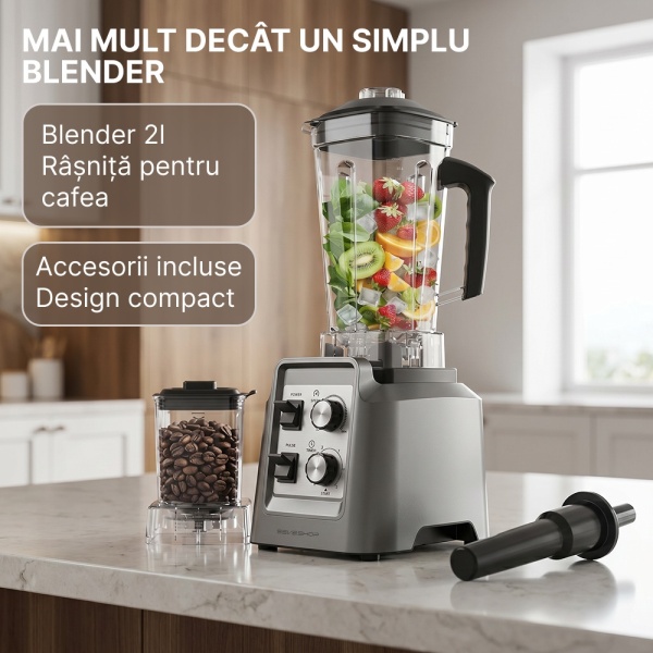 Blender Profesional 2 In 1 SeveShop® Teendow, Motor Puternic 1800W, Blender Cu Rasnita Cafea, Functie Timer, Pulse, Intensitate Viteza Reglabila, 6 Lame Inox Multifunctionale, Blender Multifunctional Smoothie, Sucuri Si Macinare, Capacitate 2L, Gri - Img 8