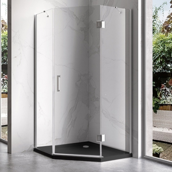 Cabina de dus KZ10C Pentagonala 100x100cm, Culoare Crom + Cadita de dus , Culoare Negru - Img 2