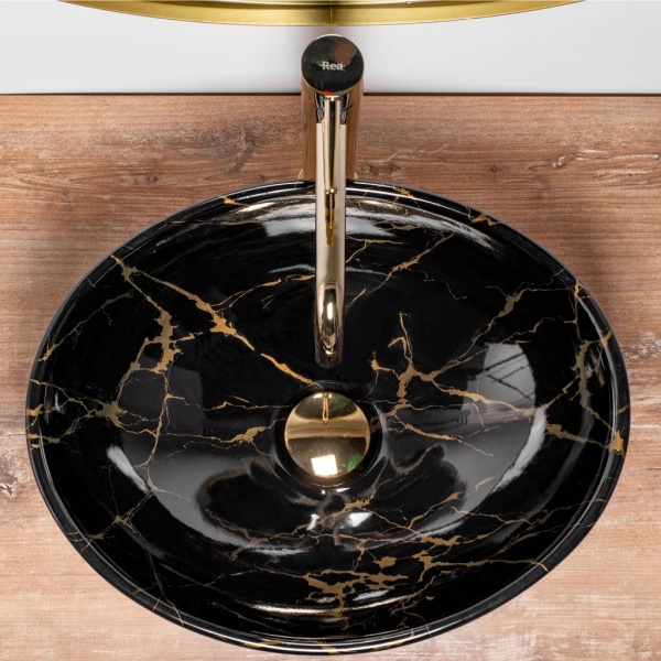 Chiuveta de blat REA SOFIA BLack Marble, Dimensiuni 41 x 34.5x 15 cm, Forma Ovala, Ceramica sanitara, Negru/Auriu - Img 5