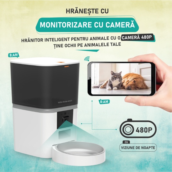 Hranitor automat SeveShop QQ009 WiFi, camera video, audio, vas inox, functie dozator caini sau pisici, functie adapator, sunet hranire, programabil, sursa alimentare dubla, 6L, aplicatie telefon, alb - Img 2