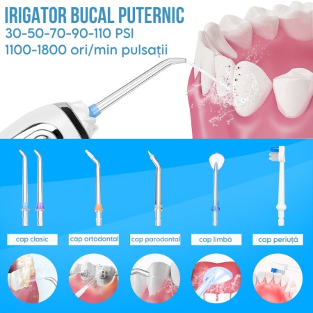 Irigator Oral Profesional pentru Dus Bucal, SeveShop, Fara Fir, Portabil, IPX7, Presiune 30-110 PSI, 6 Capete Curatare, Rezervor 300 ml, Baterie 2000mAh, 5 Viteze, Curatare Interdentara si Subgingivala, Protectie Supraincalzire, Alb Alpin - Img 5
