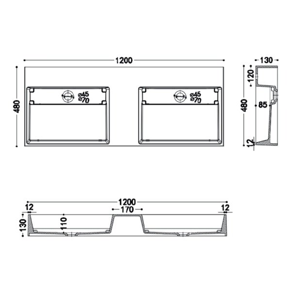 Lavoar De Blat Dublu PRO CASPIO WHITE, diferite dimensiuni , Cu 1/2 Gauri pentru Baterie sau fara Gaura Baterie, Conglomerat, 120 cm, Alb - Img 8