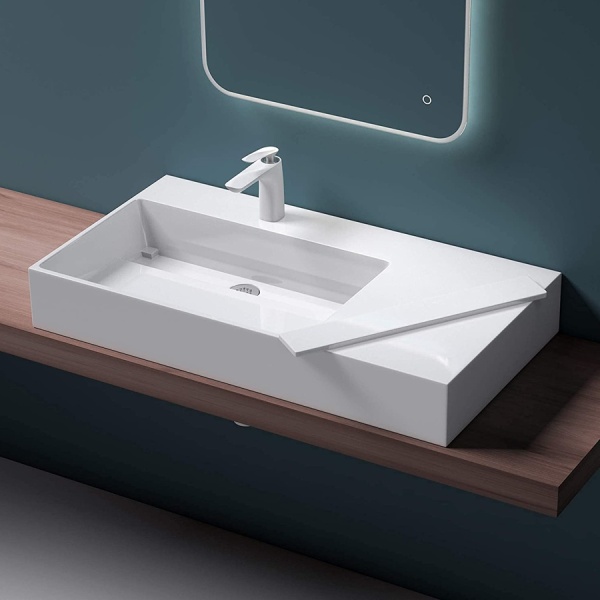 Lavoar De Blat PRO CASPIO, Montaj Pe Blat sau Suspendat, Forma Dreptunghiulara, Cu 0/1 Gauri sau fara Gaura Baterie, Conglomerat,Alb Lucios - Img 3
