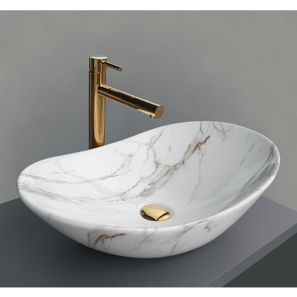 Lavoar De Blat PRO ZUZAN, Dimensiuni 60.5 X 36 X 15 Cm, Montaj Pe Blat, Design Deosebit, Forma Ovala, Ceramica Sanitara, Marmura/Gri - Img 5