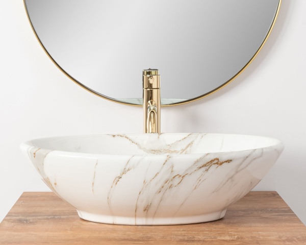 Lavoar de blat REA PAMELA AJAX SHINY, 53x 33x 15 cm, Montaj Pe Blat, Design Deosebit, Forma Rotunda, Ceramica Sanitara, Alb imitatie piatra - Img 6
