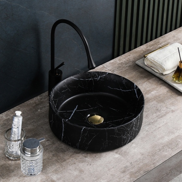 Lavoar pe blat, Lava, marmura ceramica negru cu model alb, Rotund 36cm - Img 2
