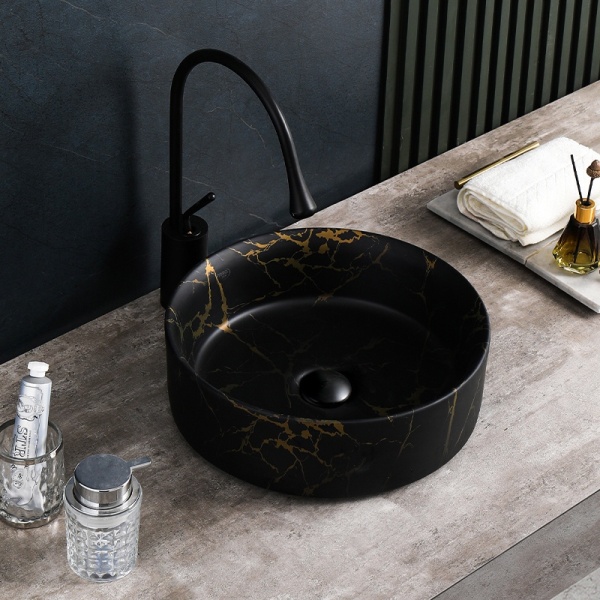 Lavoar pe blat, Lava, marmura ceramica negru cu model auriu, Rotund 36cm - Img 3
