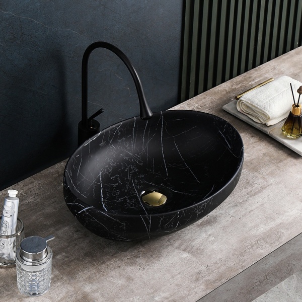 Lavoar pe blat, Lumo, marmura ceramica negru cu model alb, Oval 50x37.5x14.5cm - Img 4
