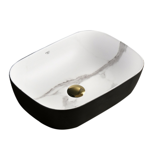 Lavoar pe Blat, Milo, Marmura Ceramica Alb cu Model Marmura Interior-Negru Mat Exterior , Dreptunghiular 45,5 x 32,5 x 13,5 cm - Img 8
