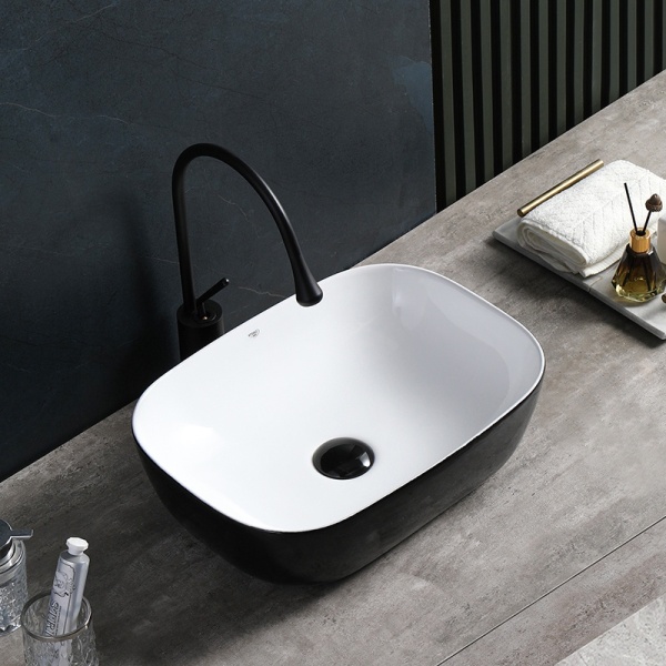 Lavoar pe Blat, Milo, Marmura Ceramica Alb Interior-Negru Exterior , Dreptunghiular 45,5 x 32,5 x 13,5 cm - Img 8