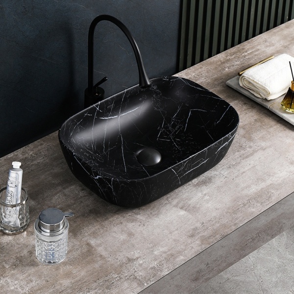 Lavoar pe Blat, Milo, Marmura Ceramica Negru Mat cu Model Alb , Dreptunghiular 45,5 x 32,5 x 13,5 cm - Img 9