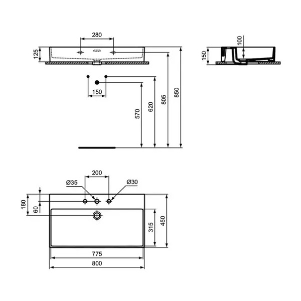 Lavoar suspendat Ideal Standard Atelier Extra alb lucios cu 3 orificii baterie si preaplin 80 cm - Img 10