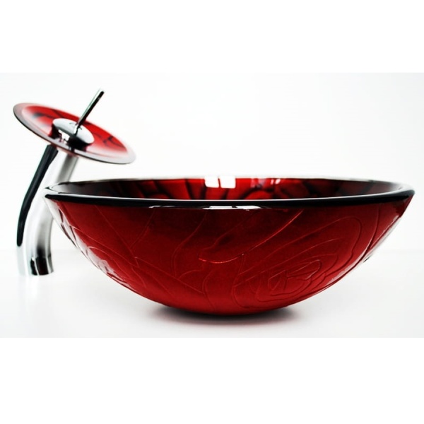 Set Complet Chiuveta De Blat PRO ERA GLASS Si Baterie , Dimensiuni 42 x 42 X 14 Cm, Forma Rotunda, Sticla Temperata, Rosu, Imprimeu Trandafiri - Img 4