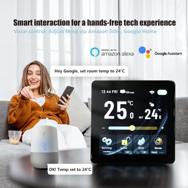 Termostat Digital Smart Wi-Fi SeveShop®, Ecran IPS Touch 4" 480x480, Control Vocal Alexa si Google Assistant, Compatibil Tuya Smart Life, Instalare Rapida 3 Min, Mod ECO si Child Lock, Senzor de Umiditate, Design Negru Modern - Img 5