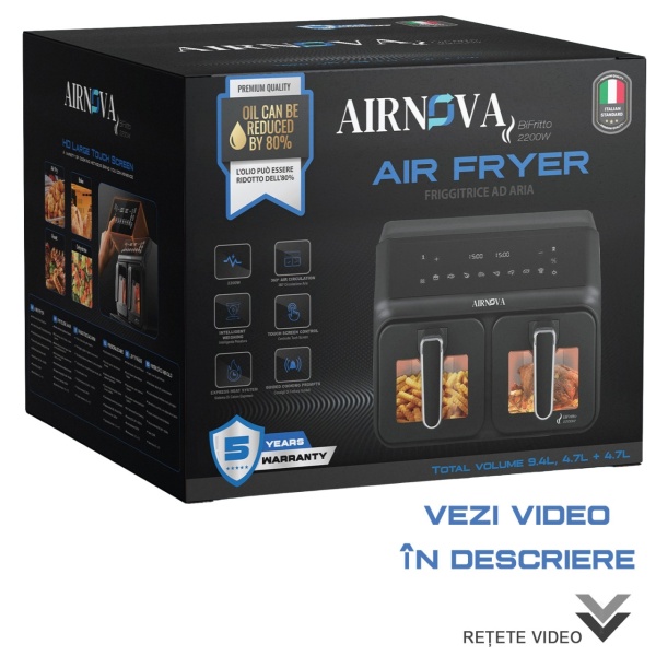 Air fryer AIRNOVA® BiFritto 9.4L, 2200W, Friteuza cu aer cald, 2 compartimente, Negru - Img 7