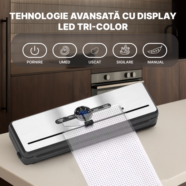 Aparat de Vidat si Sigilat Alimente SeveShop®, Bare de Lipire 30 cm, 7 Moduri de Operare, Uscat, Umed, Lichid, Display LED Tri-Color, Cutter Integrat, Tava Detasabila, Aparat Vidat cu Furtun pentru Recipiente, Sigilare 5 kg, Aparat Vidat Alimente Negru - Img 2