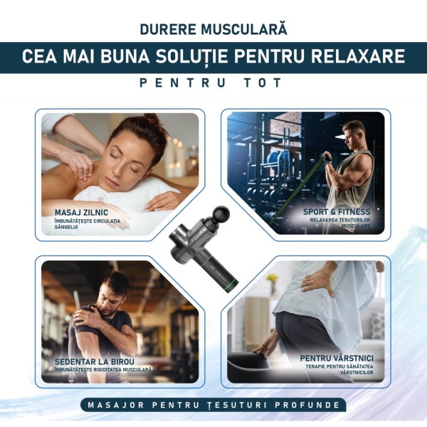 Aparat pentru Masaj Profesional Tip Pistol SeveShop, 8 Capete Interchangeabile, 30 Viteze, Motor Silentios Fara Perii, 3200 Percutii pe Minut, Baterie 2500mAh, Servieta Depozitare Inclusa, Ideal pentru Relaxare si Ameliorare Durere pe Corp, Negru - Img 3